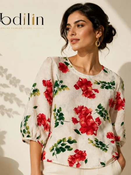 ✨ بلوز گلدار زنانه با زمینه روشن و گل‌های چشم‌نواز