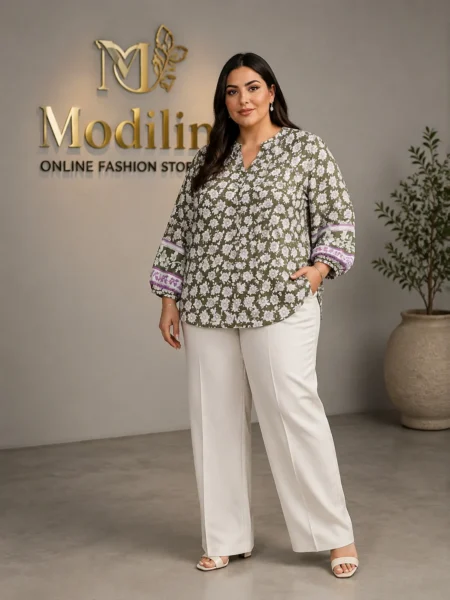 شومیز زنانه سبز زیتونی گلدار