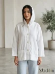 شومیز زنانه لینن کلاهدار دکمهدار با جیب جلو و آستین بلند