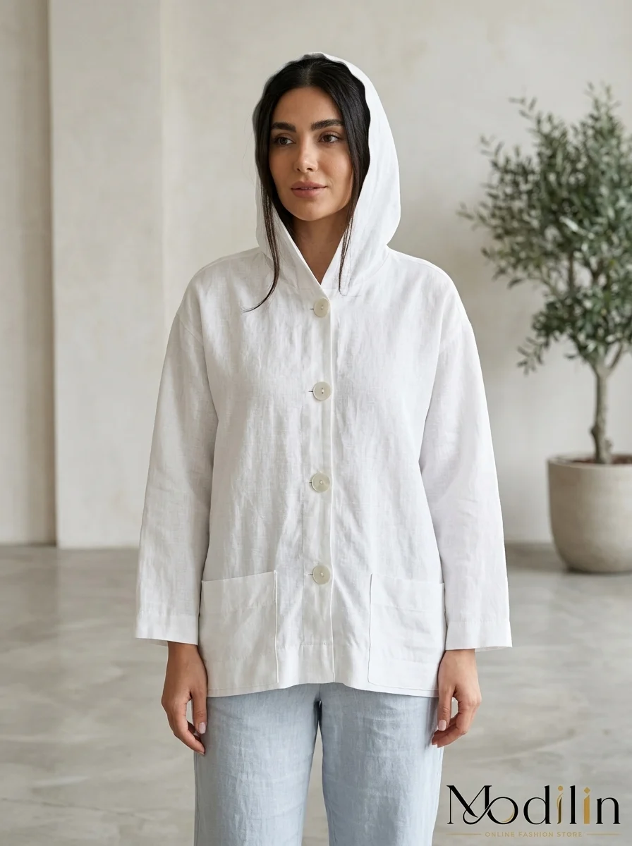 شومیز زنانه لینن کلاهدار دکمهدار با جیب جلو و آستین بلند شومیز زنانه لینن کلاهدار دکمهدار با جیب جلو و آستین بلند